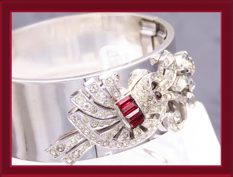 Iskin Wide Sterling Clamp Style Bracelet with Ruby Red Cab and Rhinestones