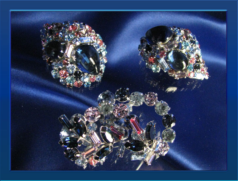 Unique Marvella Huge Cabochon Rhinestone Brooch & Earrings