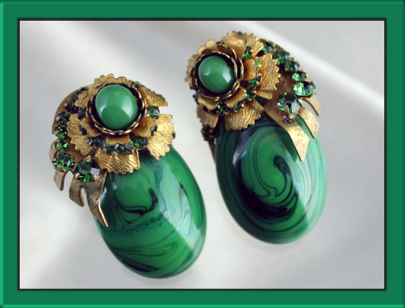 Miriam-Haskell-green-and-black-art-glass-earrings-with-emerald-green-chatons