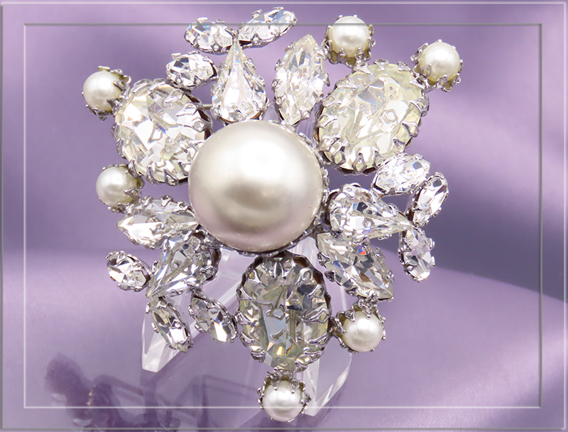 Schreiner Crystal Silver Tone with Pearl Brooch