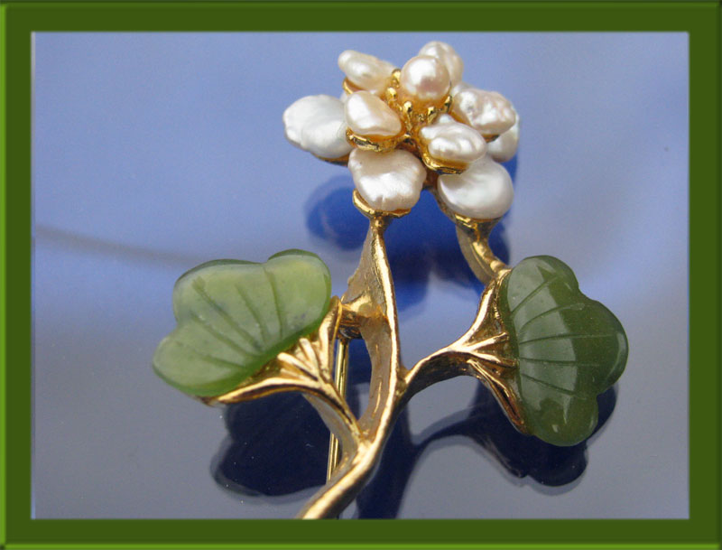 Swoboda Pearl Flower Brooch in Flower Pot with Jade Leaves.