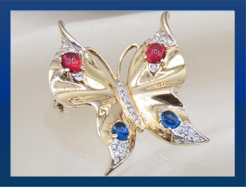 Alfred Philippe Sterling Ruby, Sapphire & Pave Butterfly Brooch Pin.