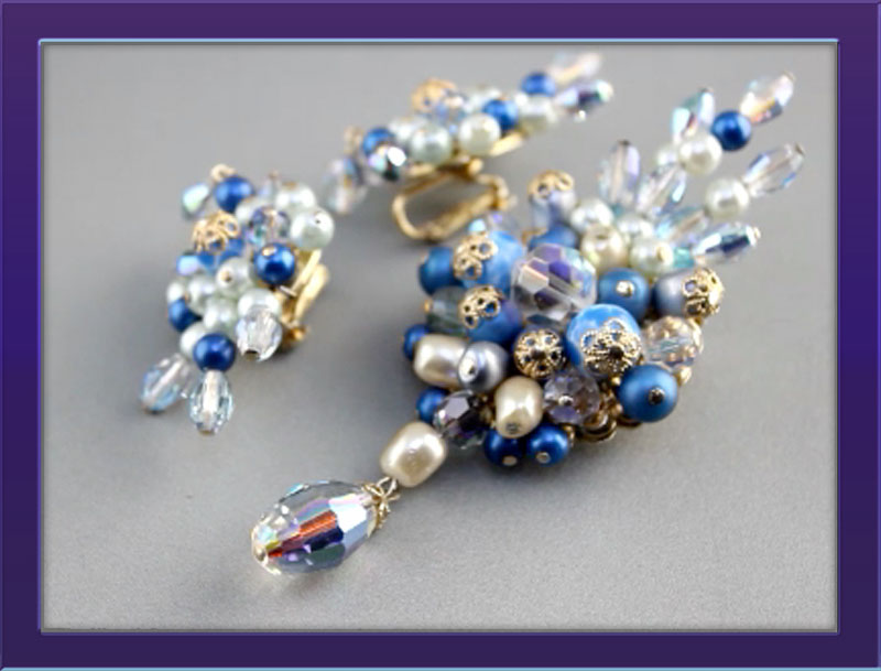 Earrings and Brooch of two-toned blue pearls and Vendome crystal beads